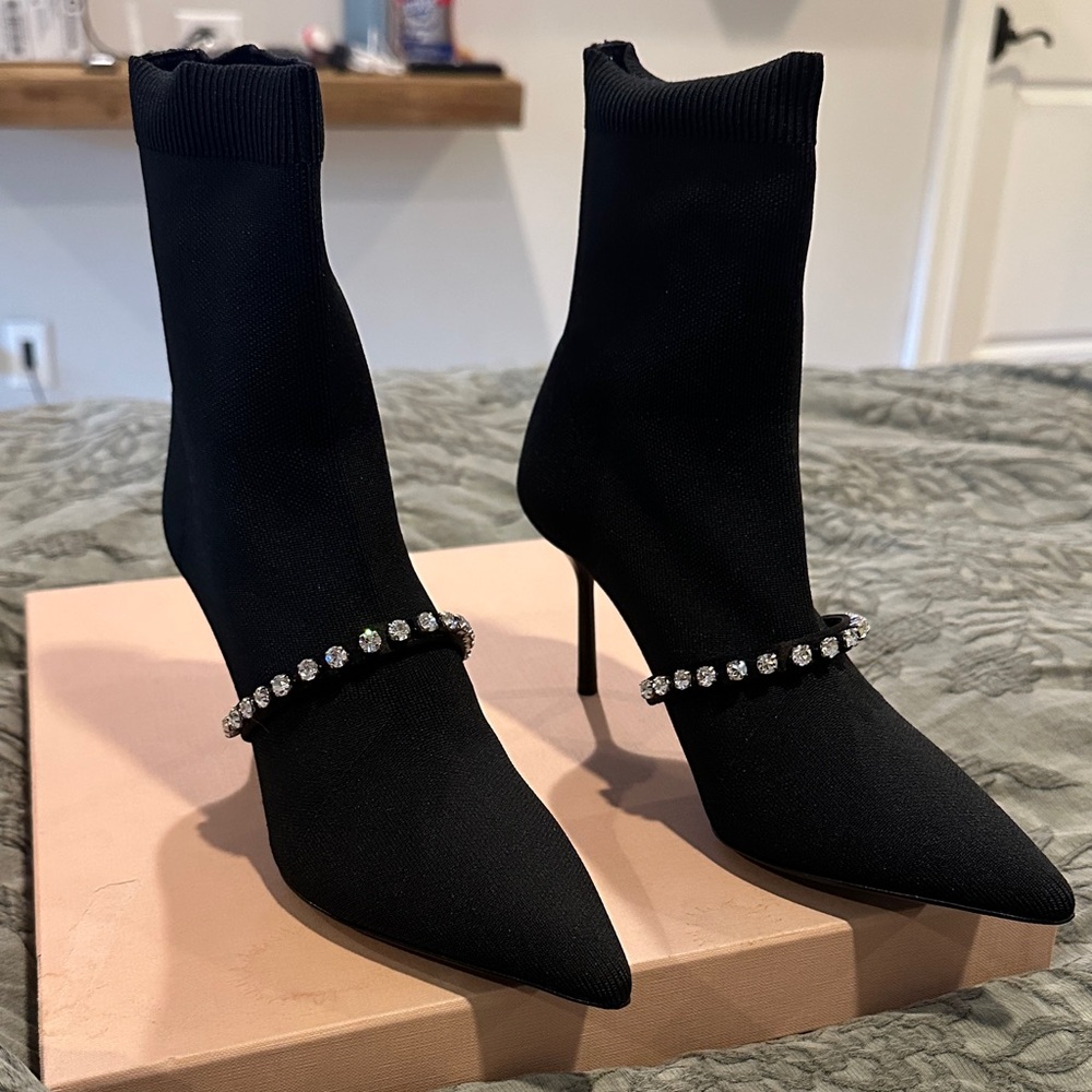 Miu Miu Black Heeled Sock Boots with Rhinestones Size 36.5 EU